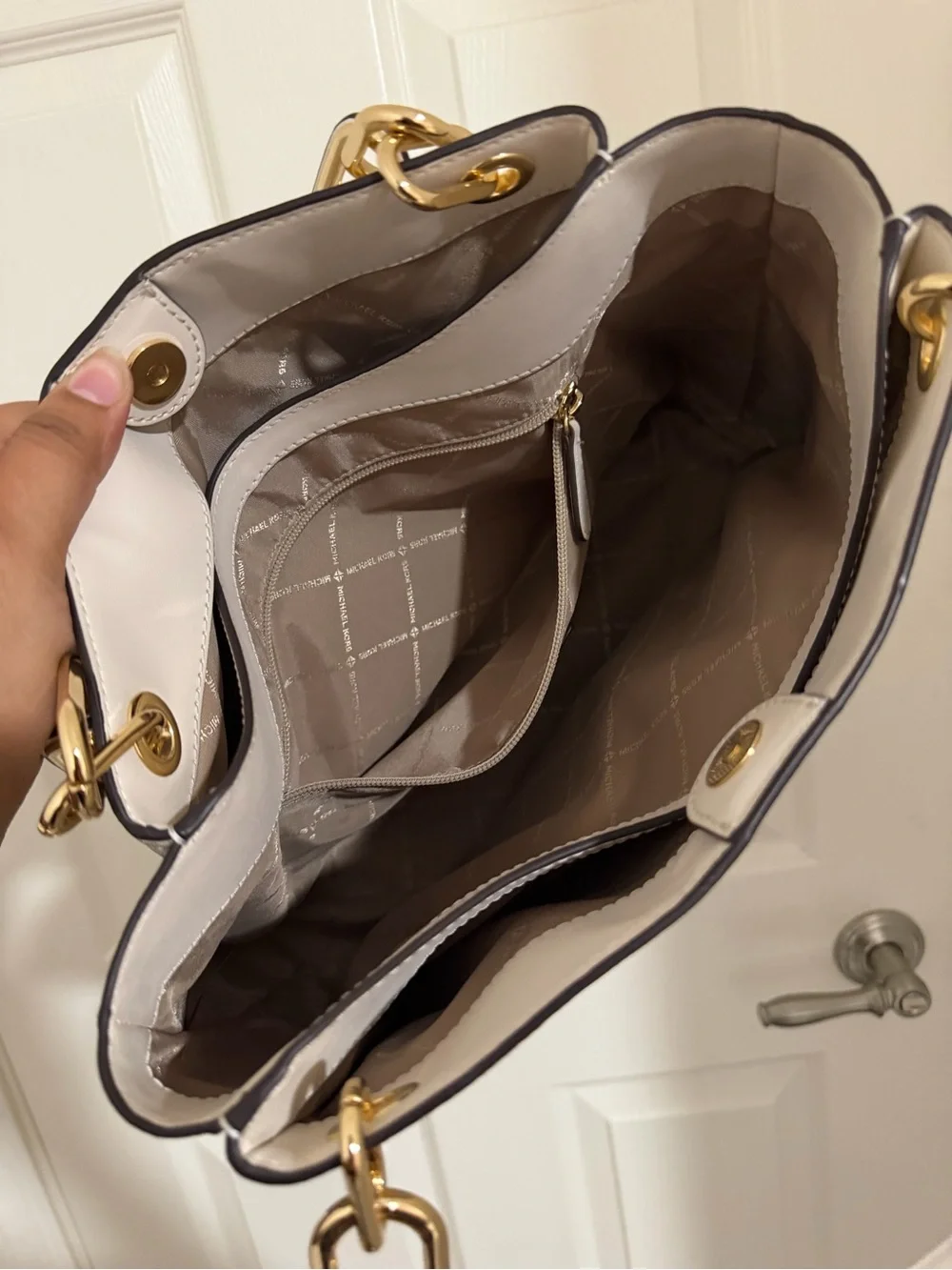 Michael Kors Cream/White MK Logo Tote with Gold Hardware